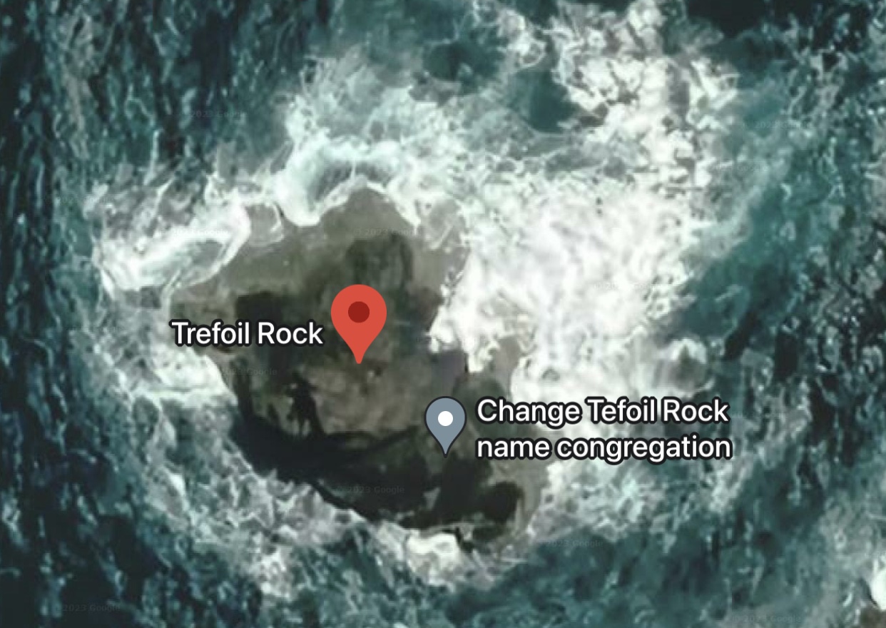 Google Earth is confused about the name for the rock off Tasmanias Trefoil Island. Image: Google.  